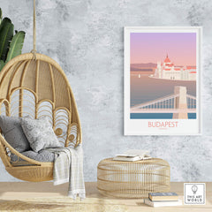Stylish Budapest Print featuring the Chain Bridge displayed in a chic home setting with a hanging chair and natural decor.