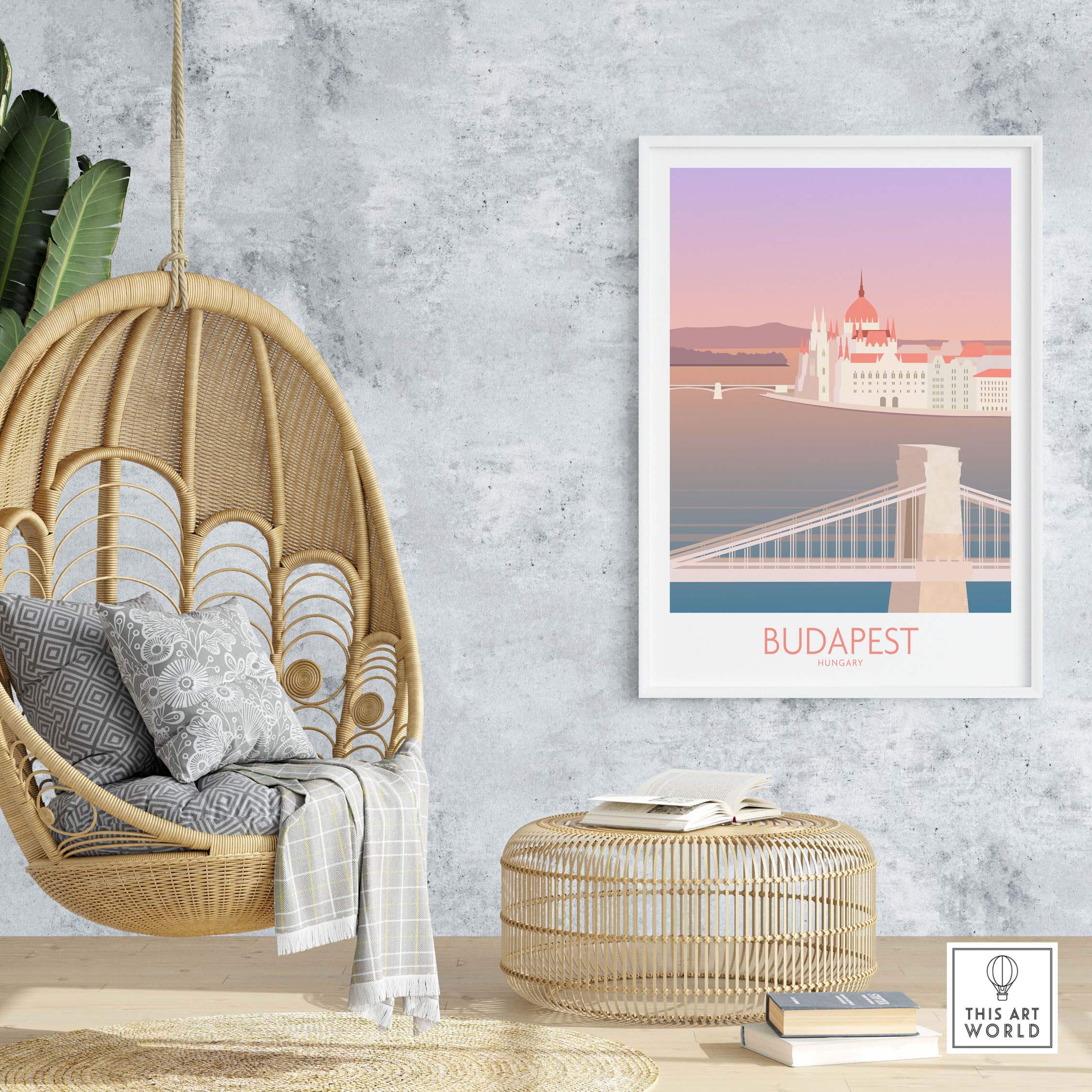 Stylish Budapest Print featuring the Chain Bridge displayed in a chic home setting with a hanging chair and natural decor.