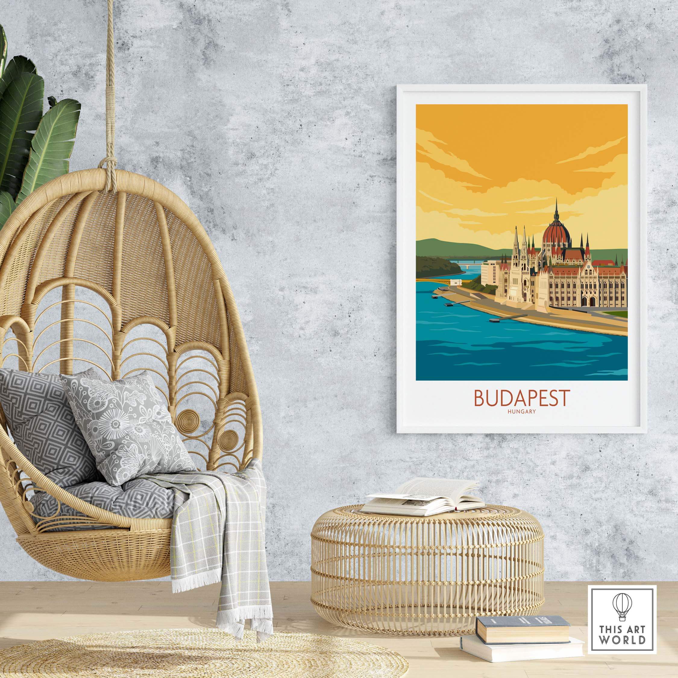 Budapest vintage travel poster displayed in a stylish interior setting with modern decor.