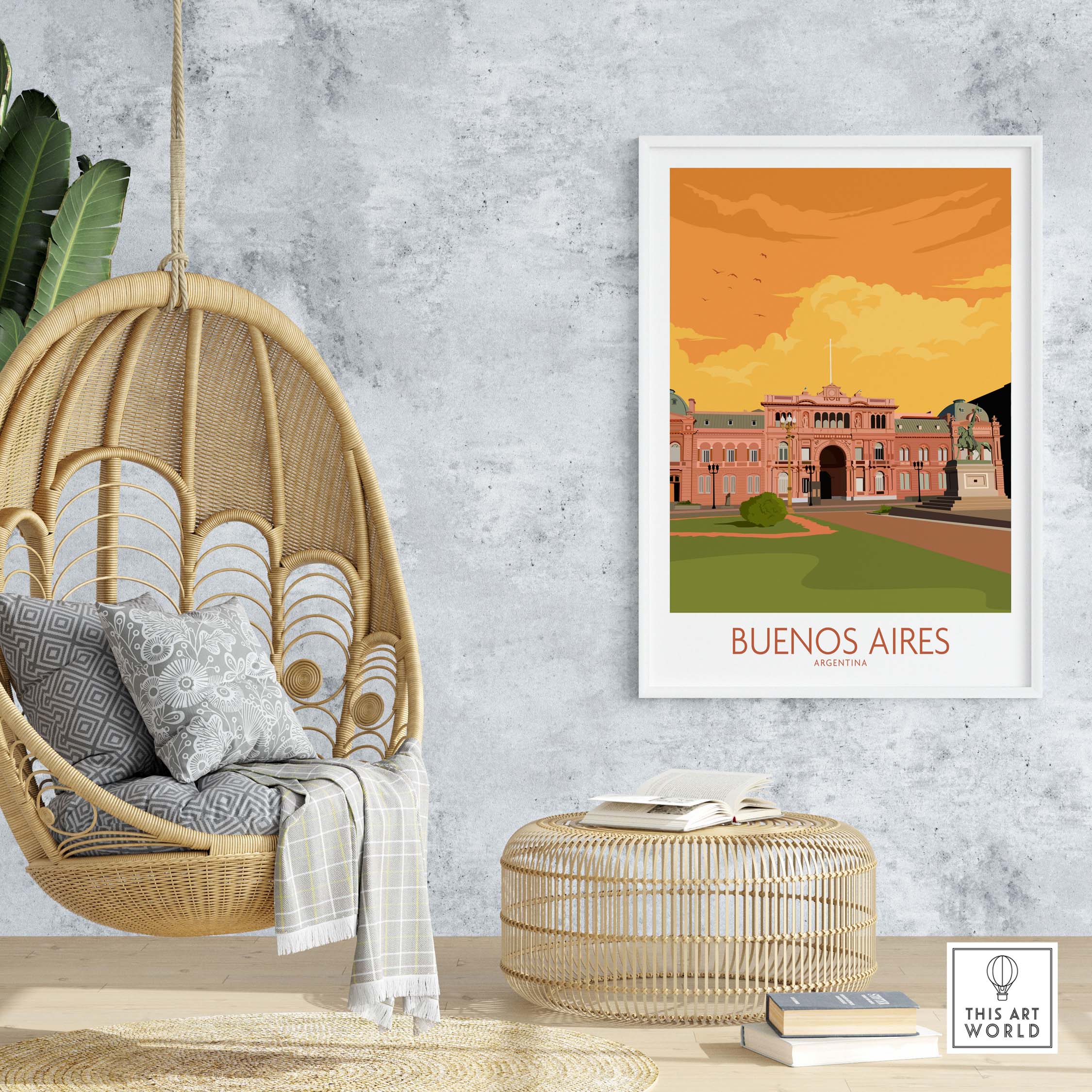 Buenos Aires vintage travel poster in a stylish home setting with a hanging chair and decorative elements.