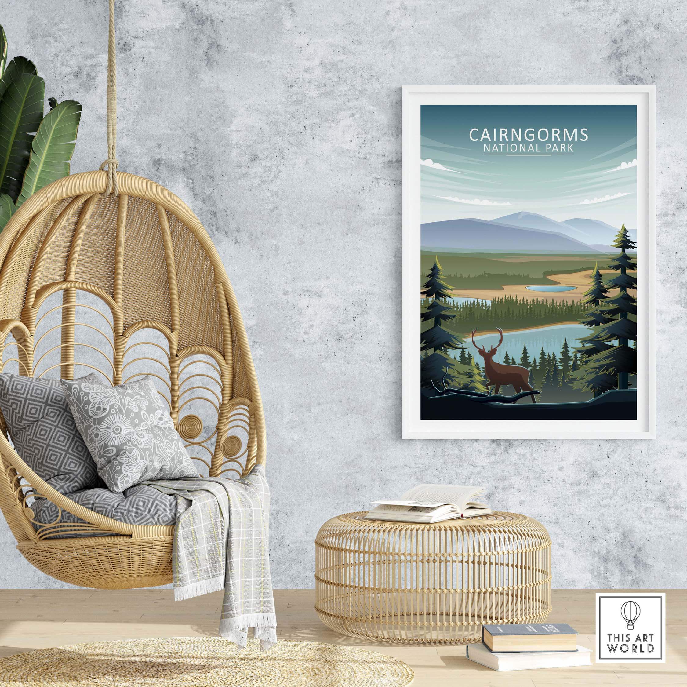 Cairngorms National Park poster in a stylish interior, showcasing nature and minimalist art.