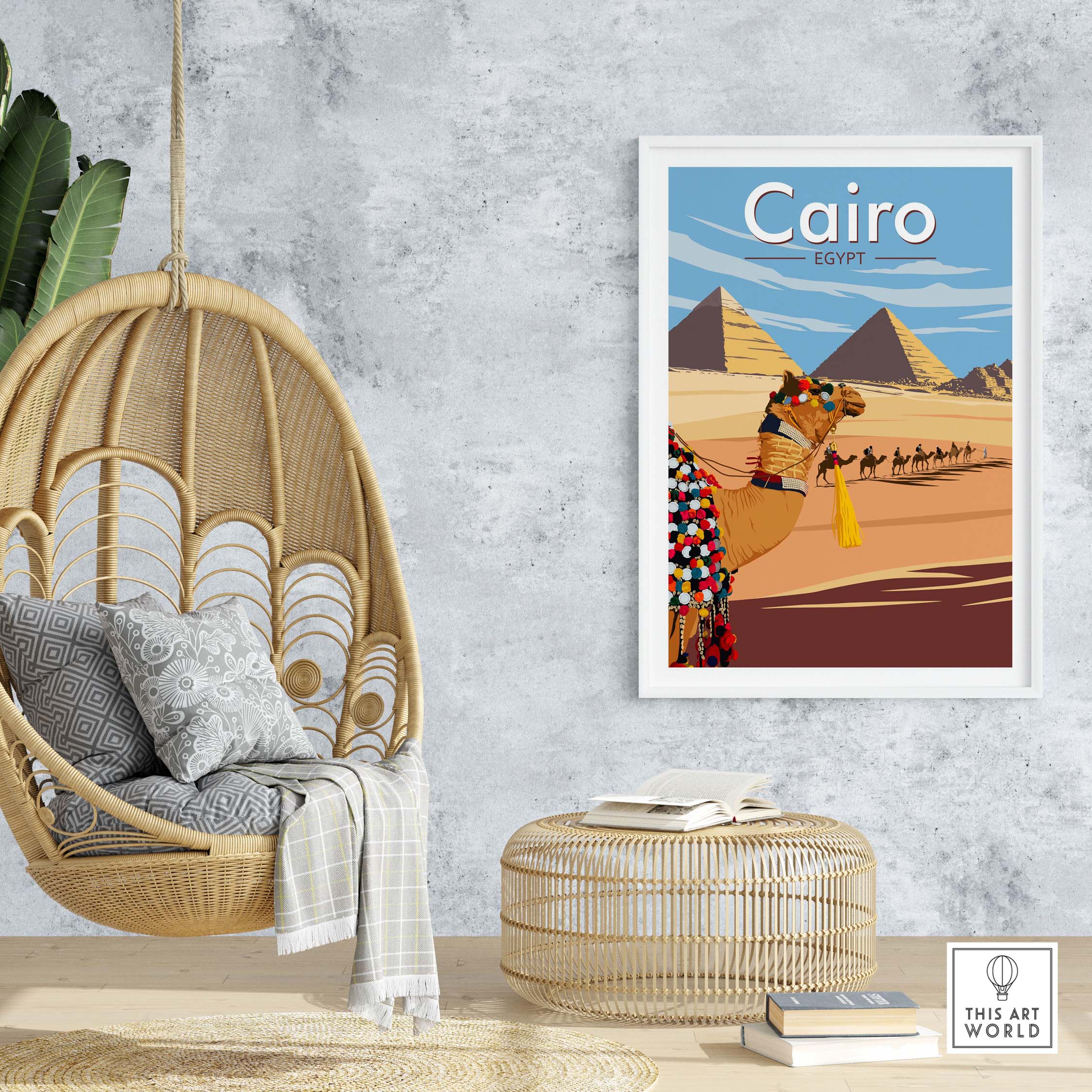 Cairo Wall Art Print featuring pyramids and a camel, perfect for travel-themed decor.