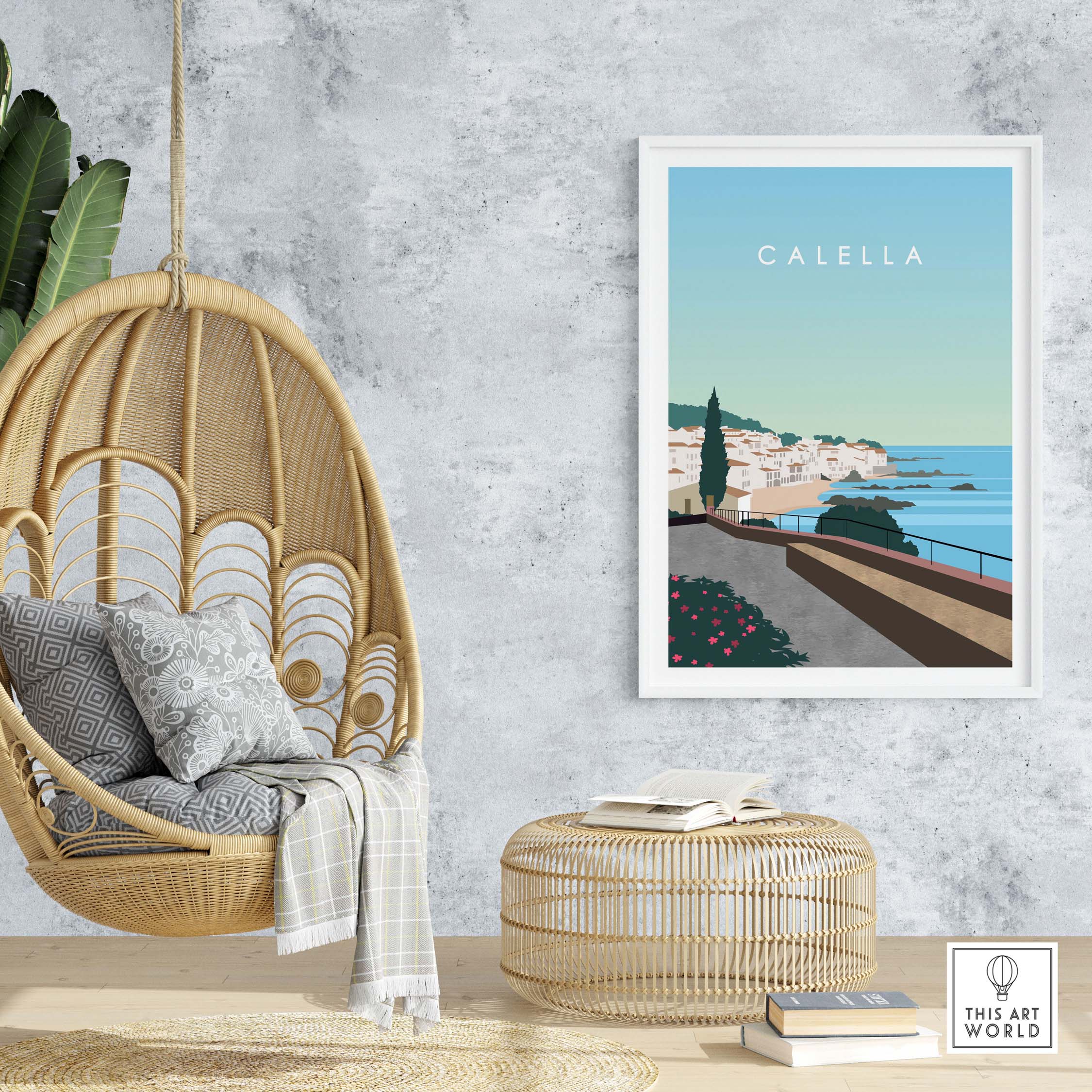 Calella Spain Print Poster in a modern decor setting, emphasizing travel nostalgia and stylish wall art.