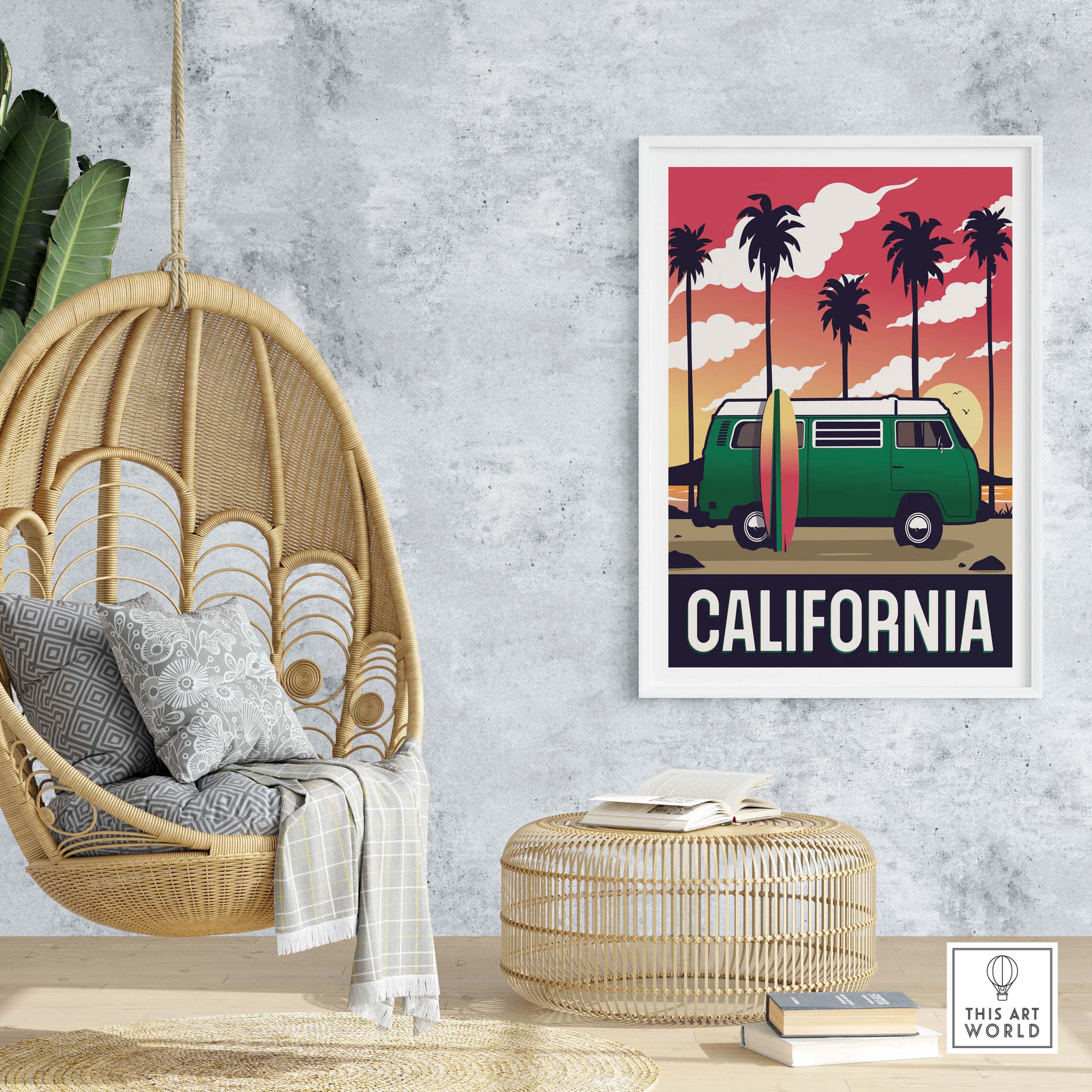 Vintage California poster wall art featuring a green van, surfboard, and palm trees, perfect for home decor.