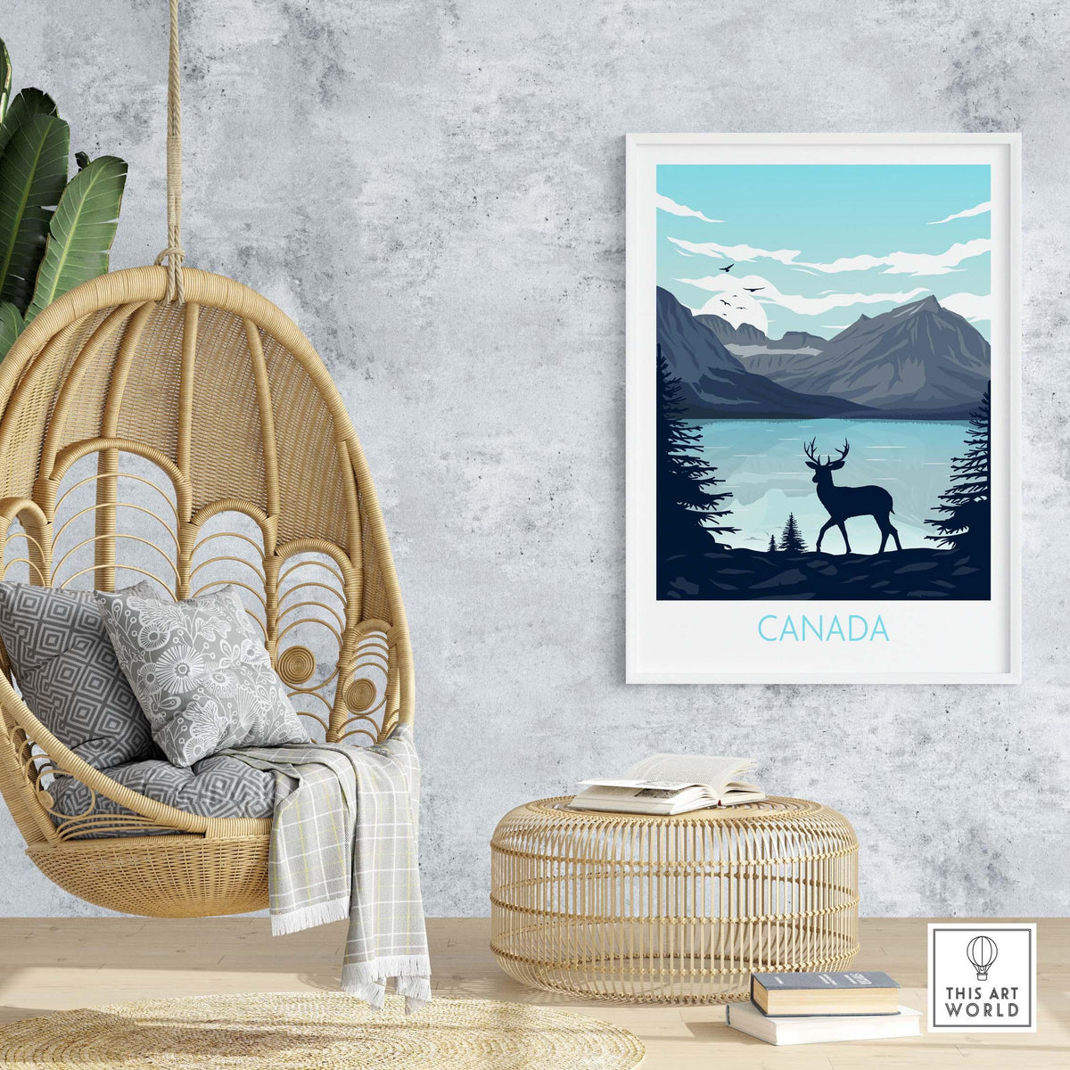 Canada travel poster print featuring a scenic lake, mountains, and deer, perfect for home or office decor.