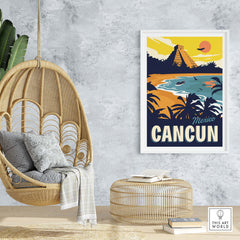 Cancun poster wall art print featuring a beach and Mayan ruins, ideal for travel lovers and home decor.