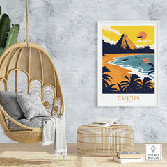 Cancun travel poster print displayed on a wall, surrounded by stylish decor in a cozy living space.