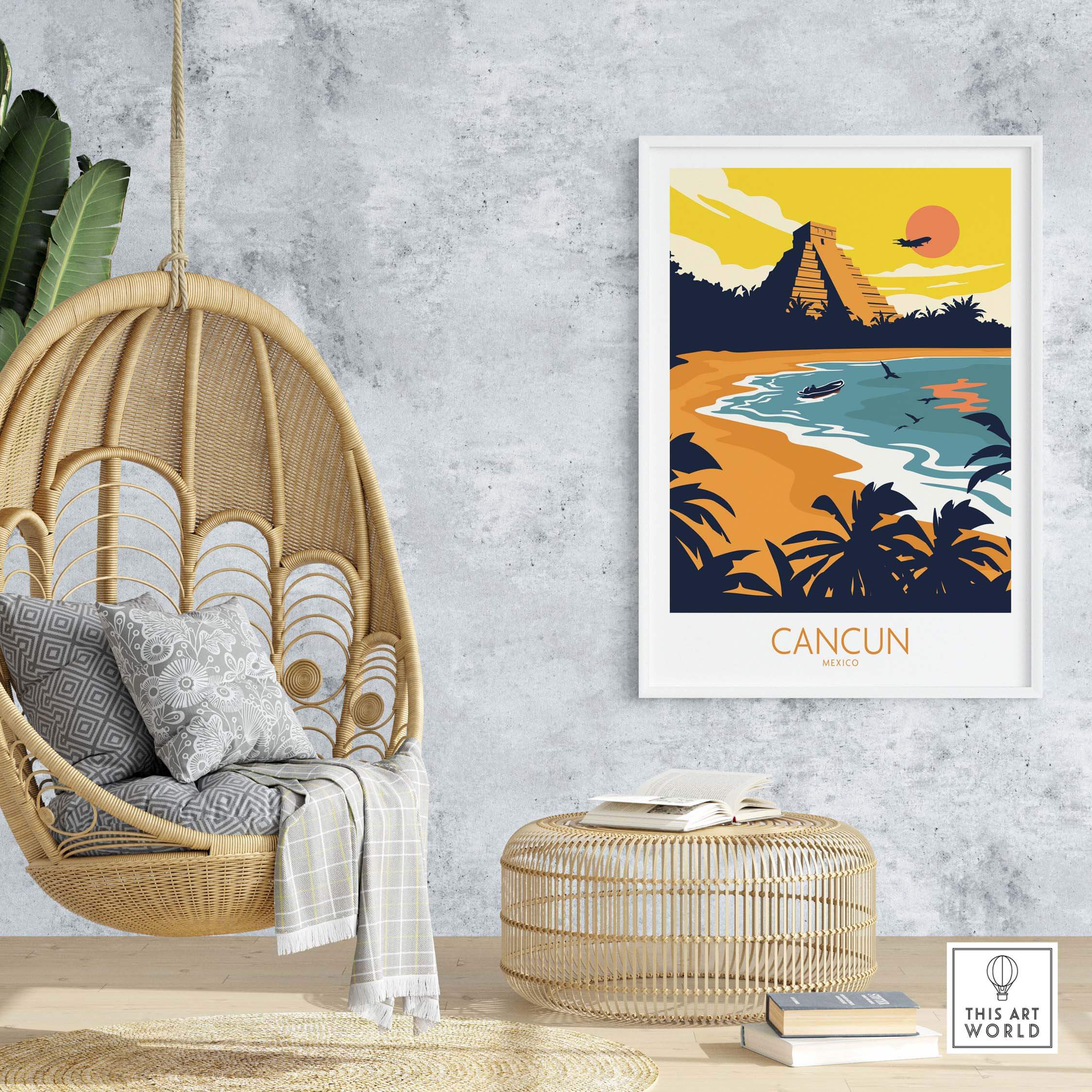 Cancun travel poster print displayed on a wall, surrounded by stylish decor in a cozy living space.