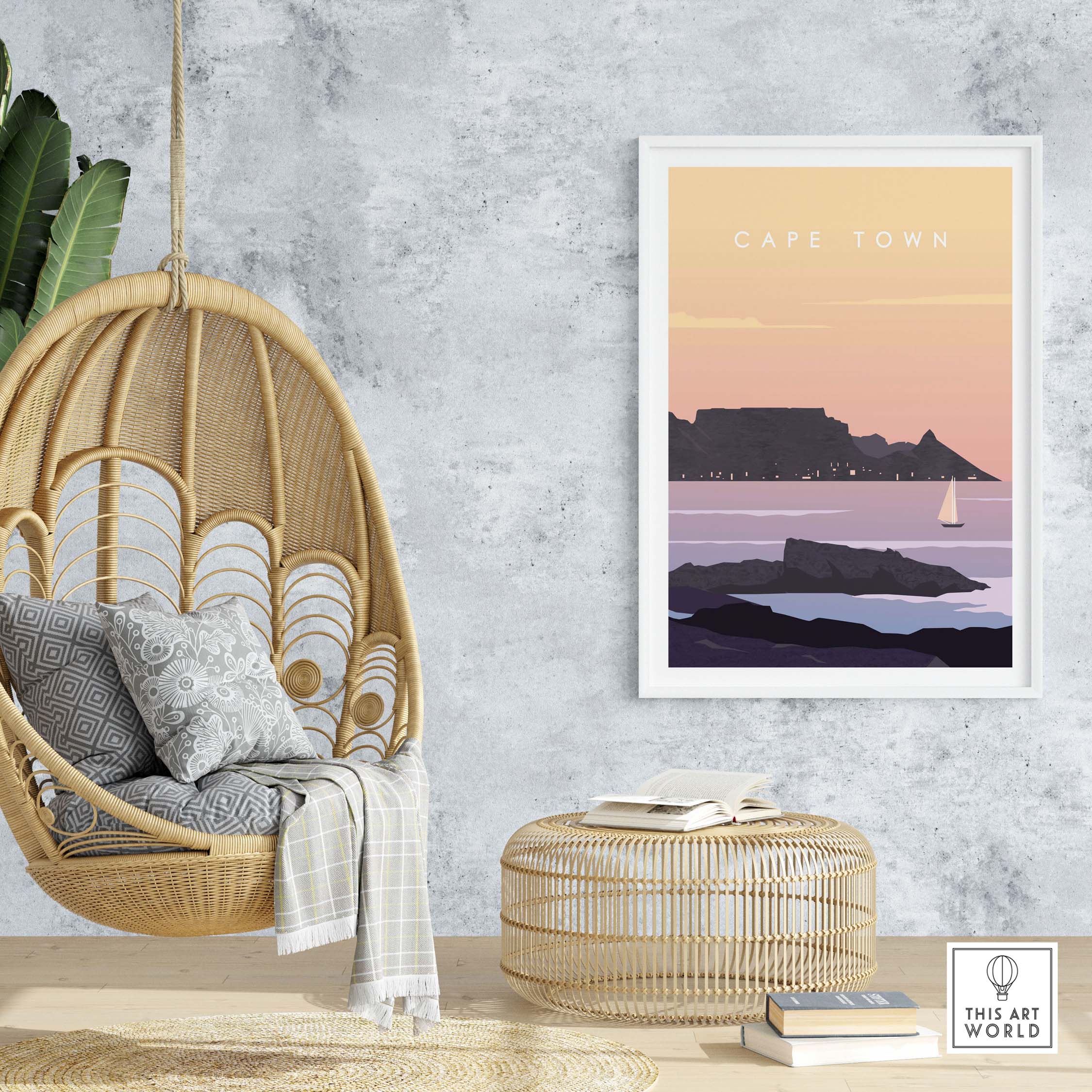 Stylish Cape Town Print Wall Art Poster displayed in a modern living space, featuring a cozy chair and decor.
