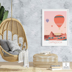 Cappadocia print featuring hot air balloons in a stylish home setting with a hanging chair and decor.