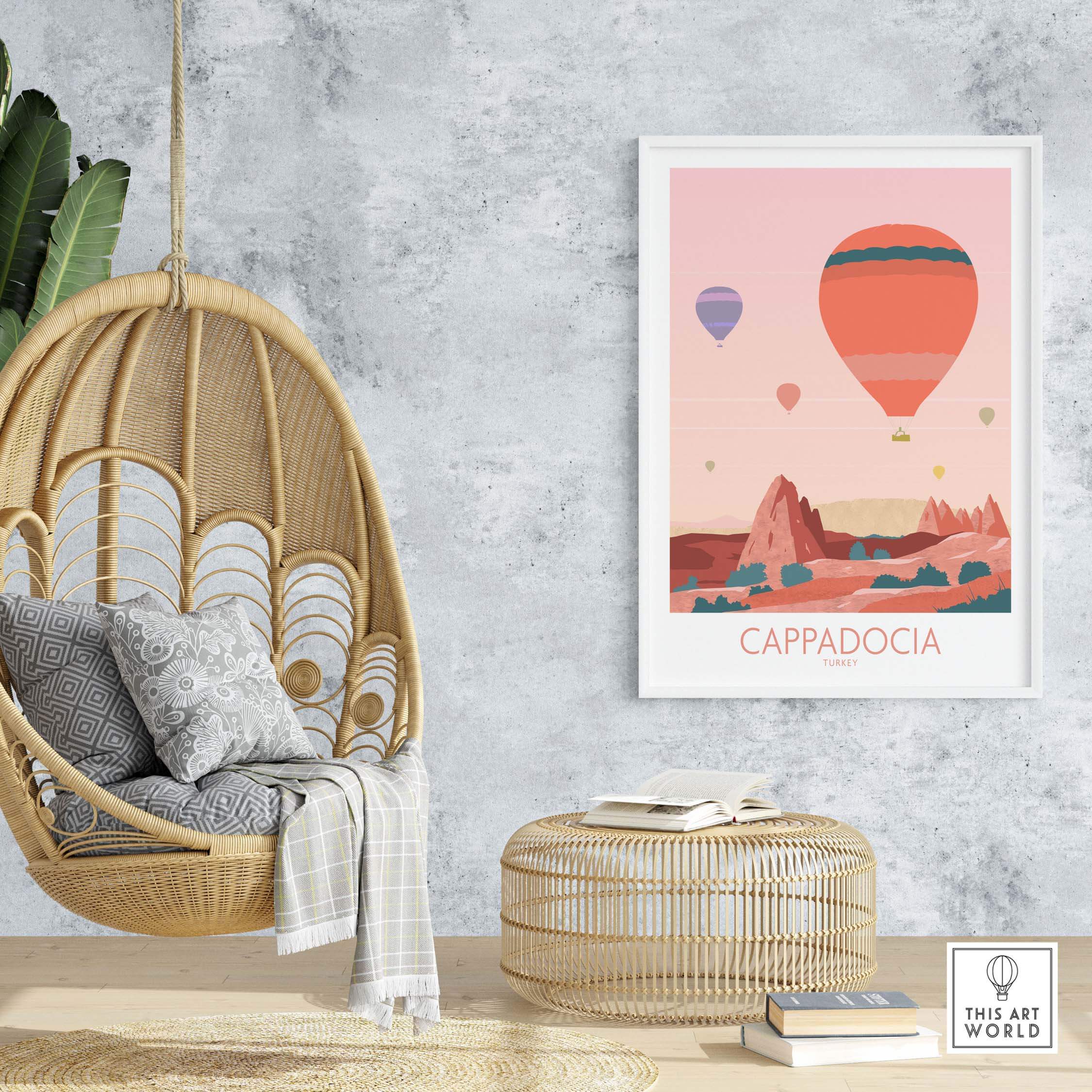 Cappadocia print featuring hot air balloons in a stylish home setting with a hanging chair and decor.