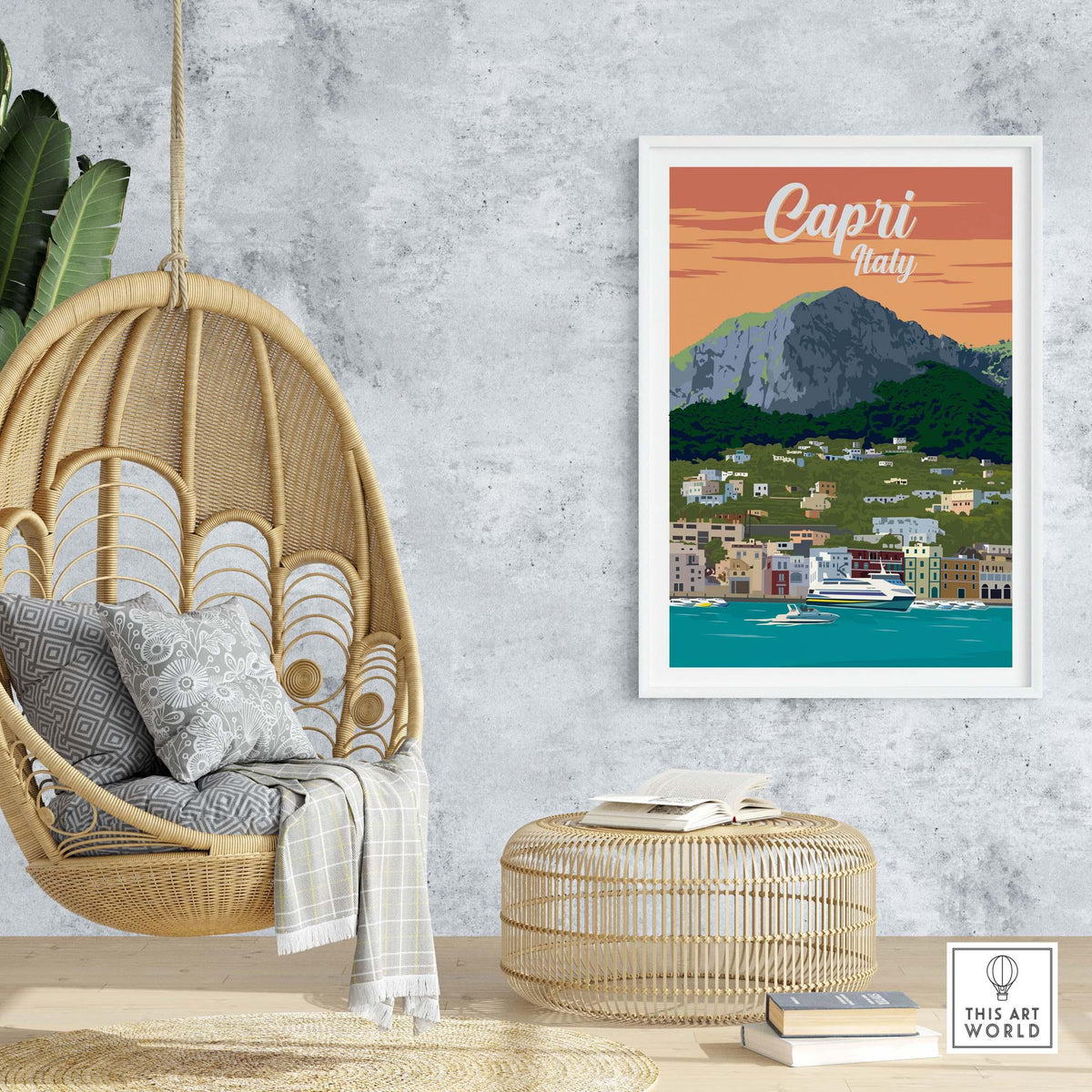 Capri Italy poster print wall art displayed in a stylish room with a hanging chair and decorative elements.