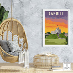 Cardiff Wales print displayed in a modern interior with hanging chair and natural decor, showcasing vibrant travel art.