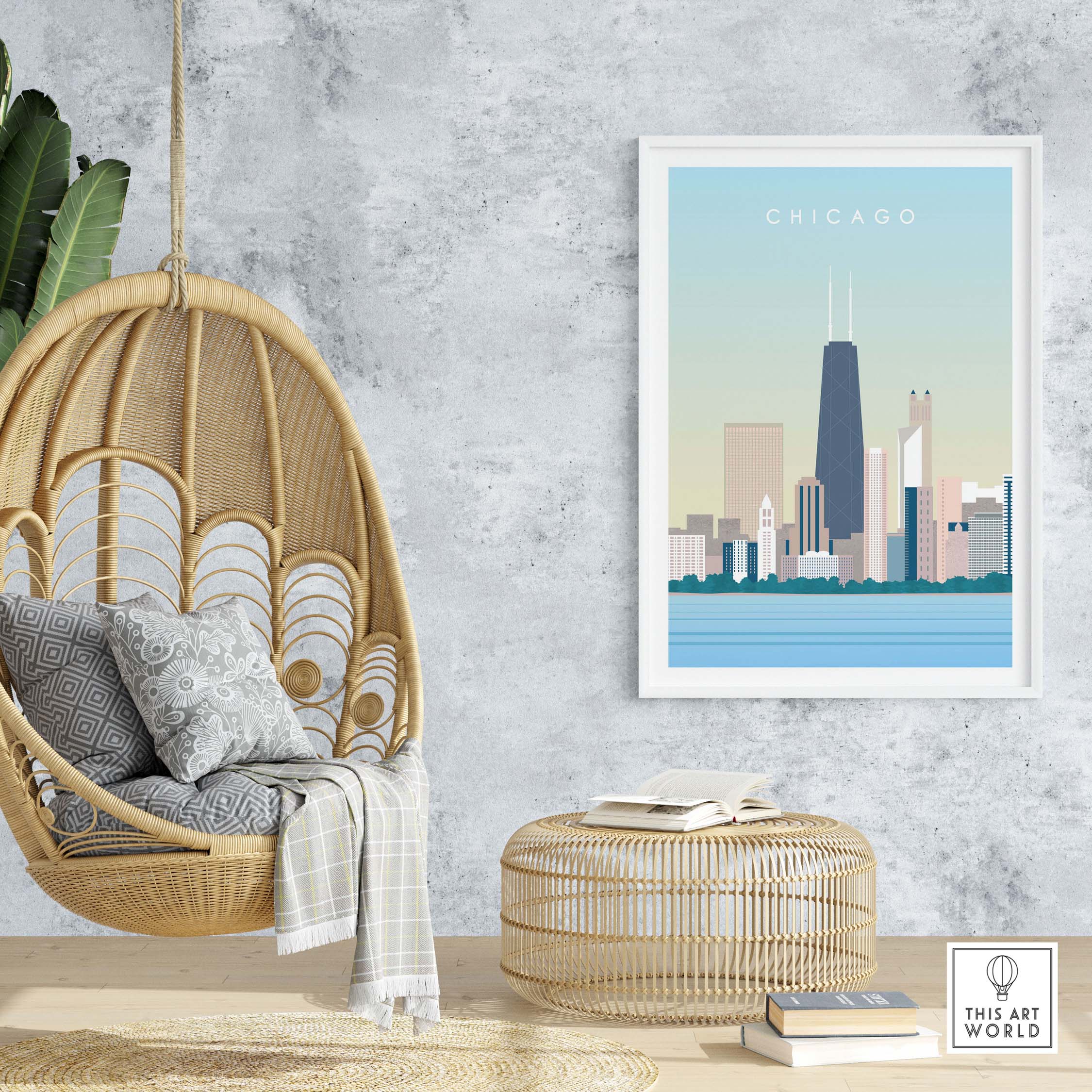 Framed Chicago print wall art poster displayed in a modern interior with a hanging chair and decorative pouf.