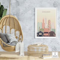 Chicago Skyline Wall Art Poster in a cozy living space with hanging chair, showcasing iconic city architecture in warm pastel tones.