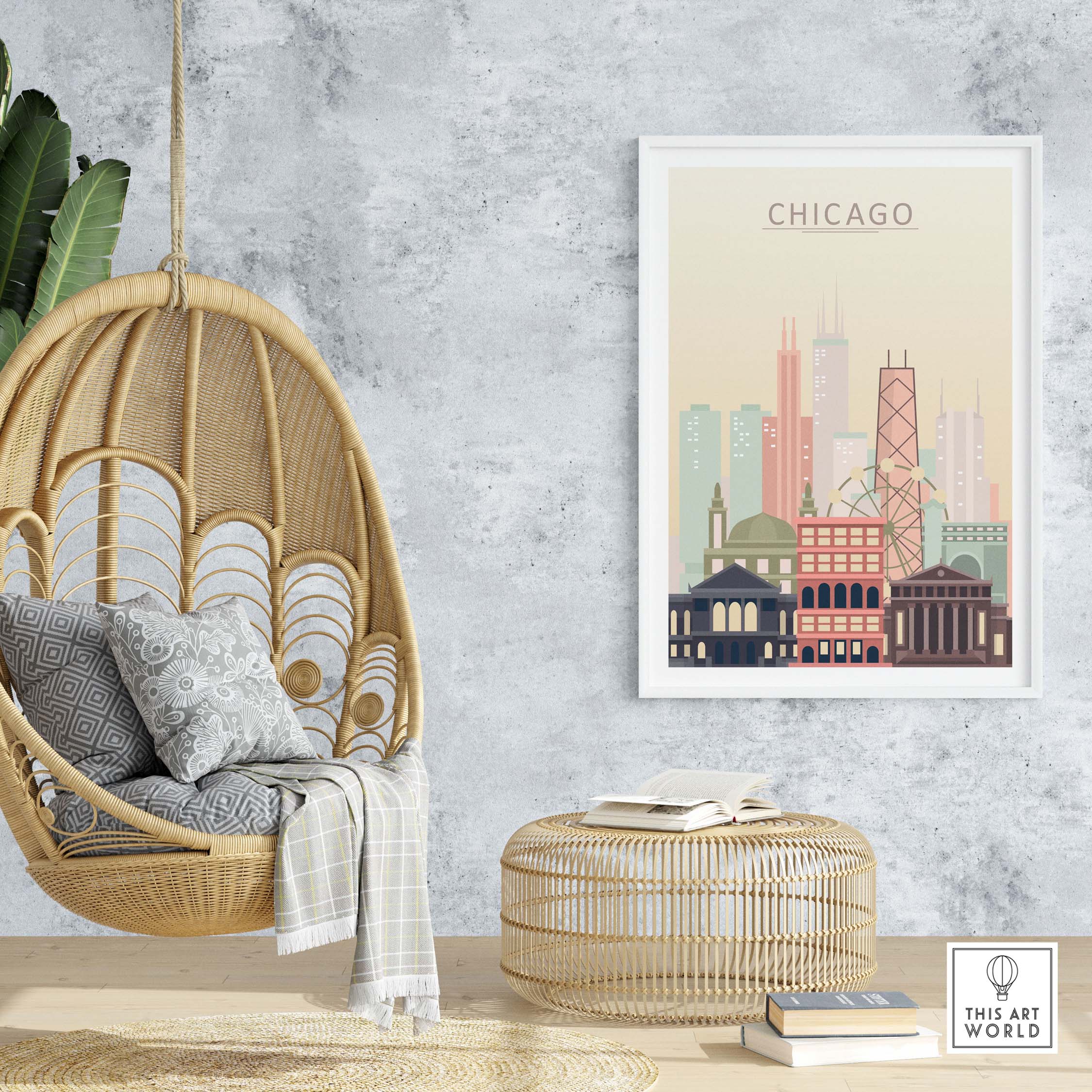 Chicago Skyline Wall Art Poster in a cozy living space with hanging chair, showcasing iconic city architecture in warm pastel tones.