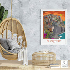 Vintage Cinque Terre print displayed in a modern home setting, evoking travel inspiration and wanderlust.