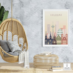Cologne skyline print wall art in pastel tones, featuring iconic buildings, enhancing modern living space decor.