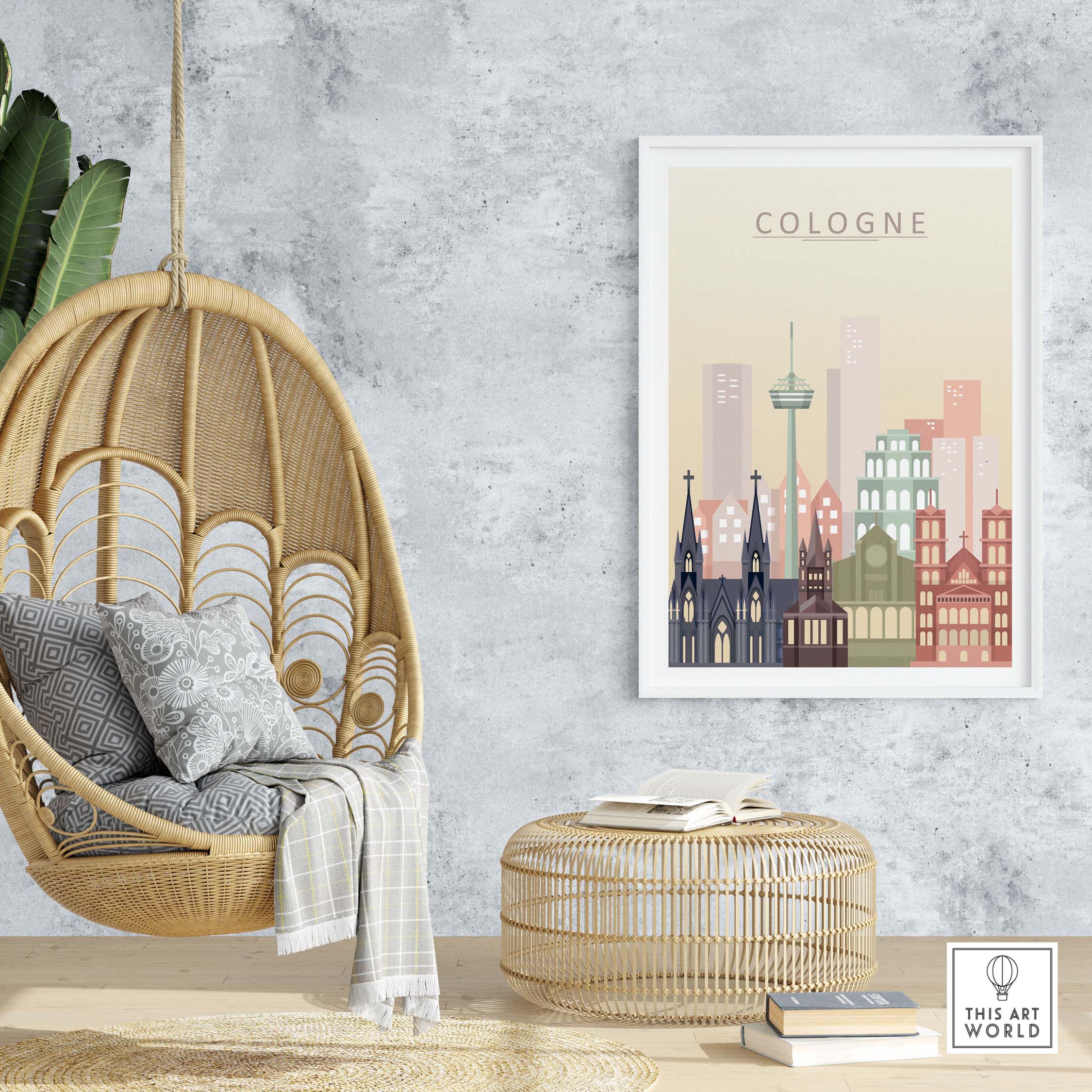 Cologne skyline print wall art in pastel tones, featuring iconic buildings, enhancing modern living space decor.