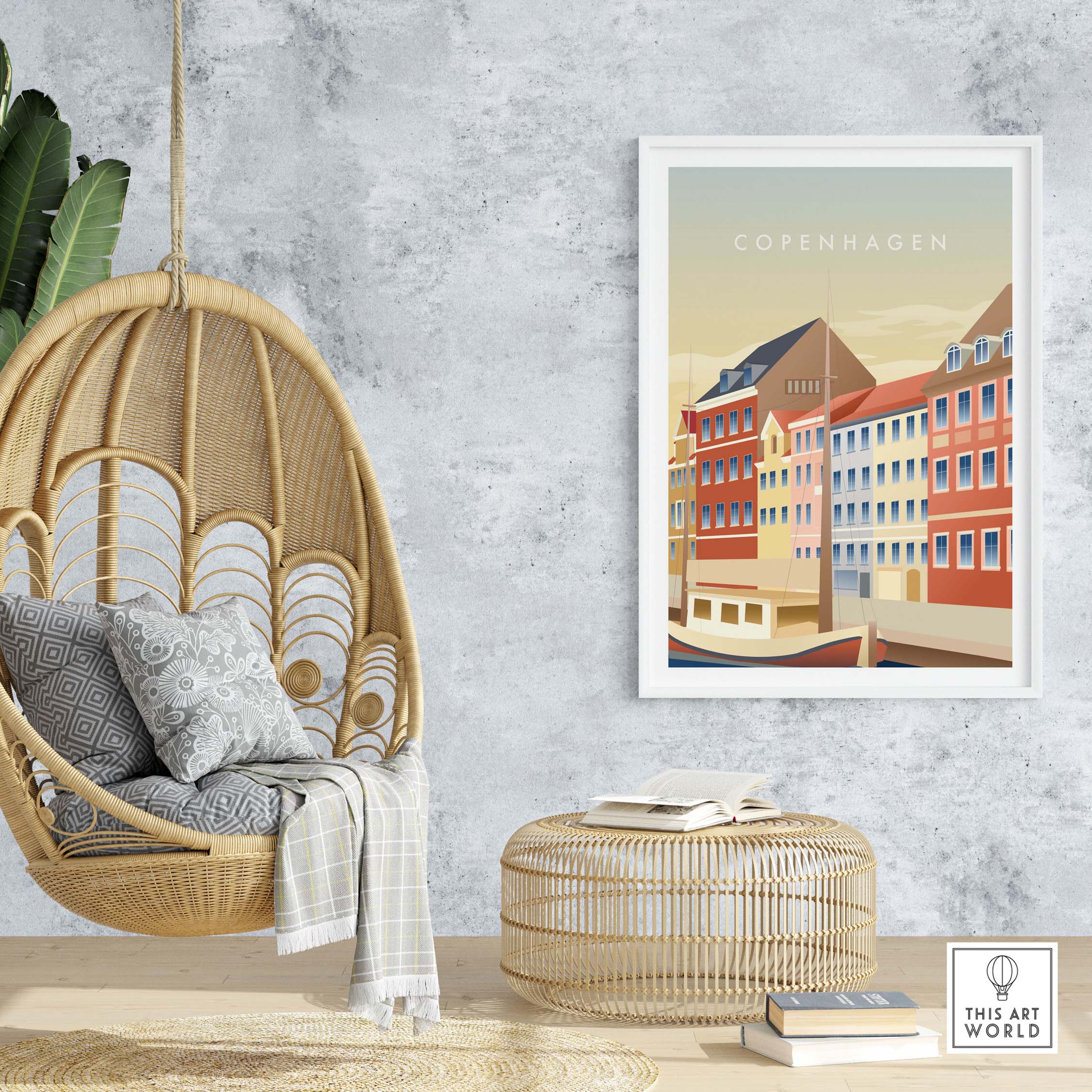 Copenhagen wall art poster in a stylish setting with a hanging chair and modern decor showcasing travel inspiration.