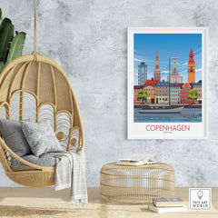 Copenhagen wall art print in a stylish home setting with hanging chair and natural decor elements.