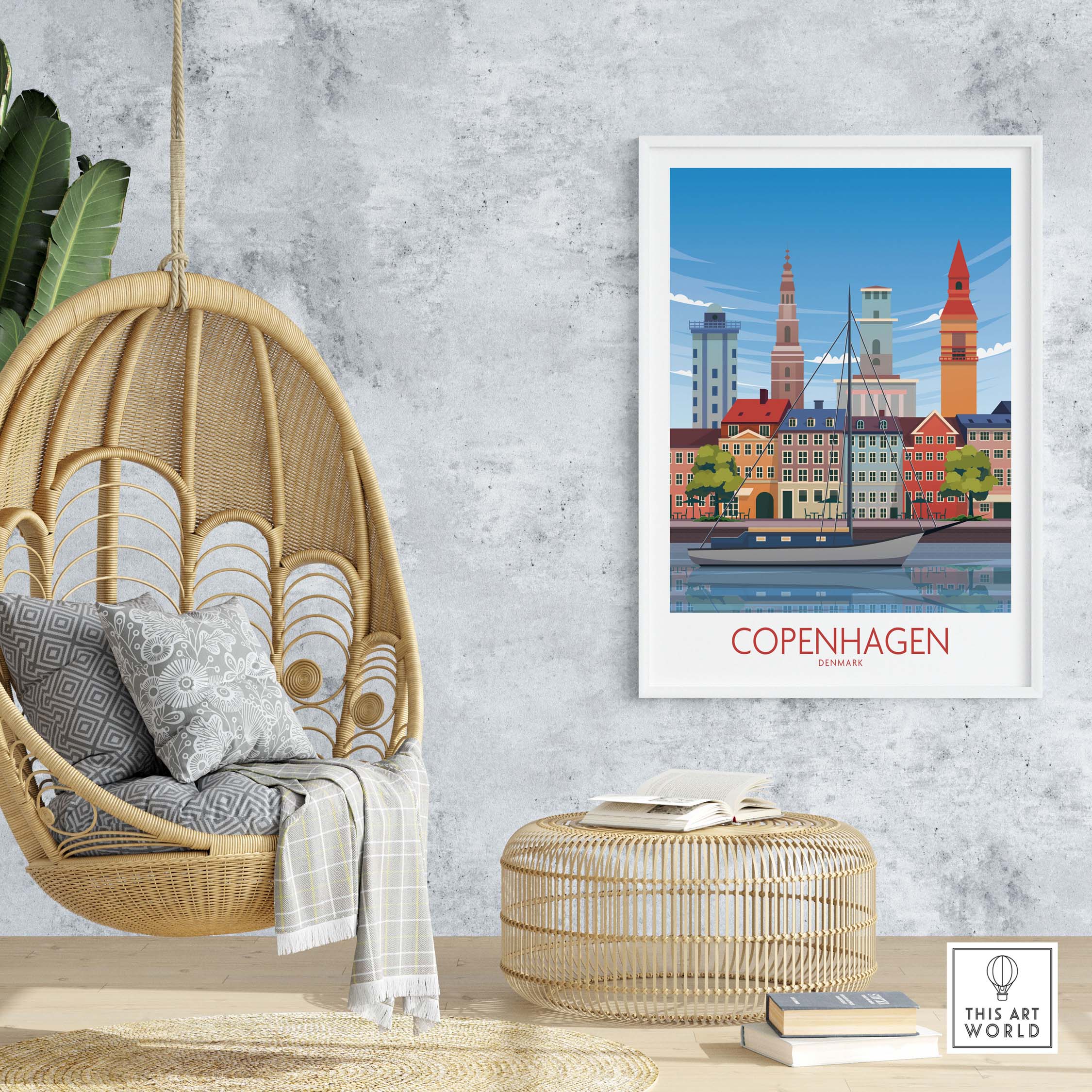 Copenhagen wall art print in a stylish home setting with hanging chair and natural decor elements.