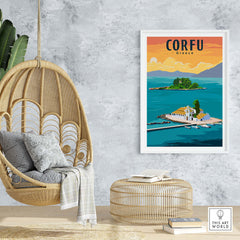 Corfu Print Greece Poster showcasing a serene coastal scene with a house and vibrant sunset, perfect for wall art.