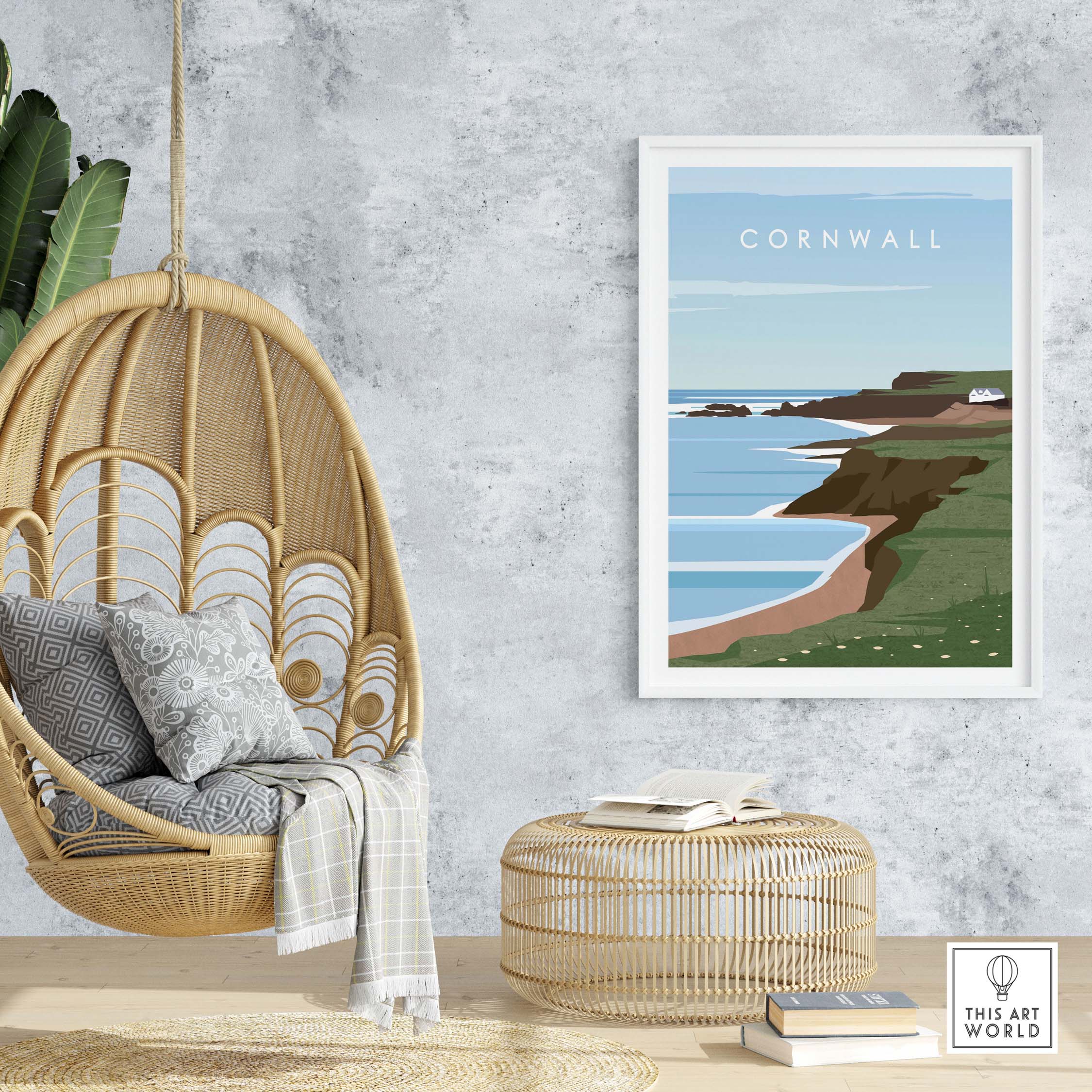 Cornwall Print Wall Art Poster displayed in a modern room with a hanging chair and minimalist decor.