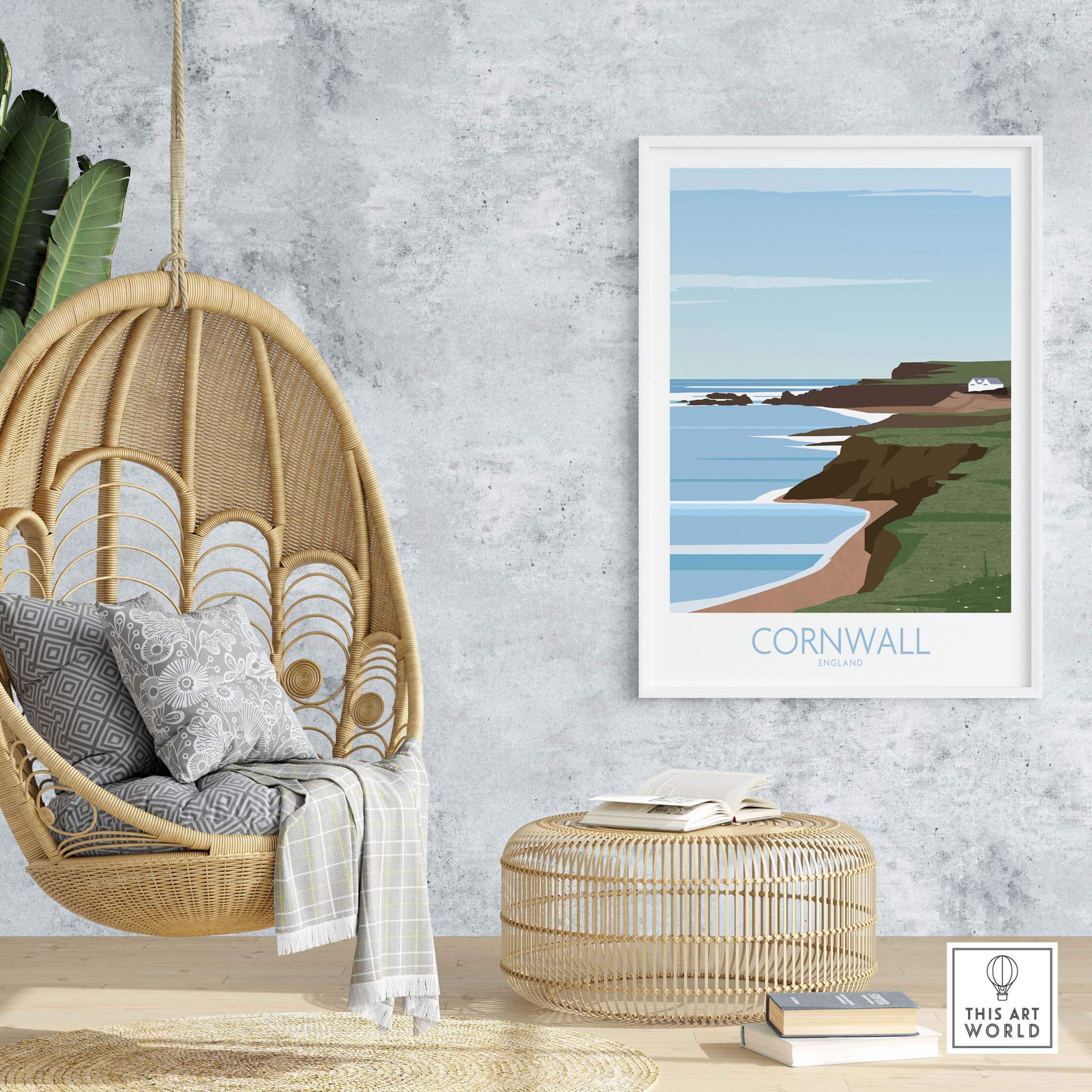 Cornwall Poster Print displayed in a cozy interior with a hanging chair and stylish decor, evoking travel wanderlust.