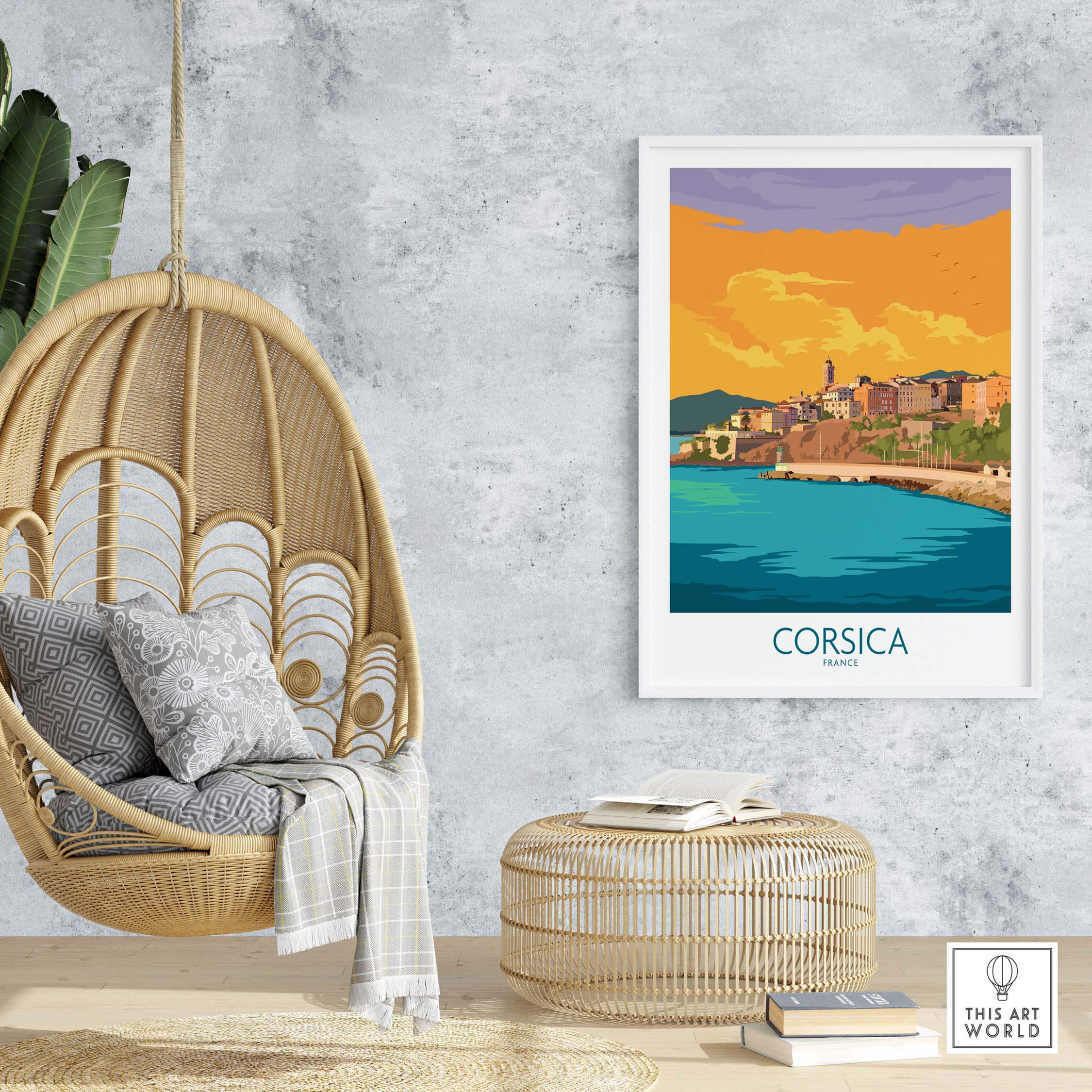 Corsica Poster France showcased in a stylish room with hanging chair and wicker ottoman, perfect for travel decor.