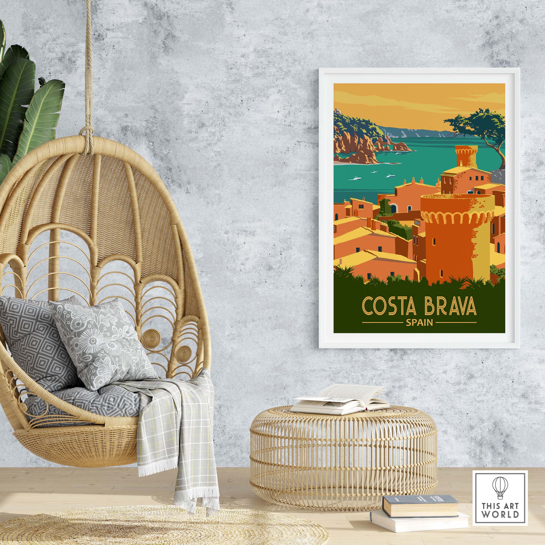 Costa Brava Print Spain displayed in a modern home setting, featuring vibrant colors and minimalist design.