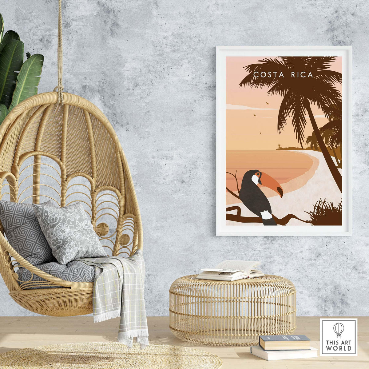 Costa Rica print wall art poster displayed in a stylish interior with a hanging chair and natural decor.