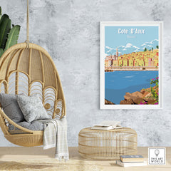 Cote d'Azur Poster Print Wall Art displayed in a modern interior with a hanging chair and stylish decor.