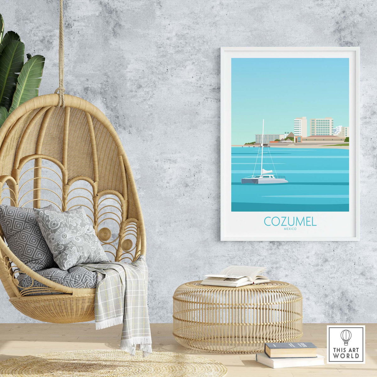 Cozumel poster art featuring a sailboat and coastal landscape, styled in a modern home setting.