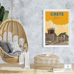 Crete Print Greece poster displayed in a modern interior with a hanging chair and decorative elements.