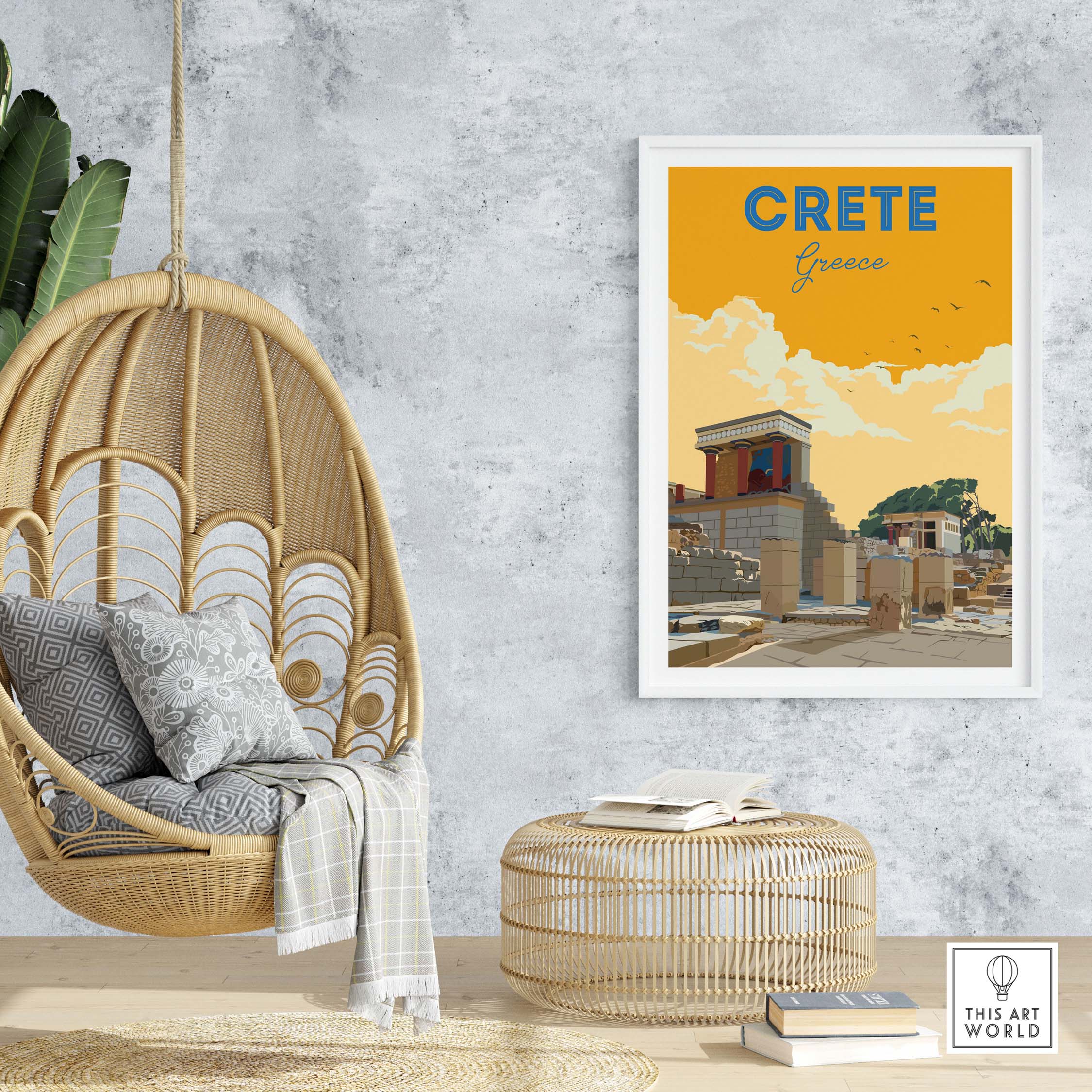 Crete Print Greece poster displayed in a modern interior with a hanging chair and decorative elements.
