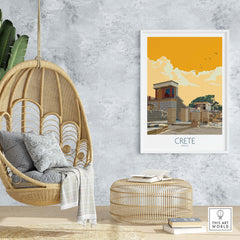 Crete Greece poster displayed in a stylish interior with a hanging chair and woven decor, evoking travel nostalgia.
