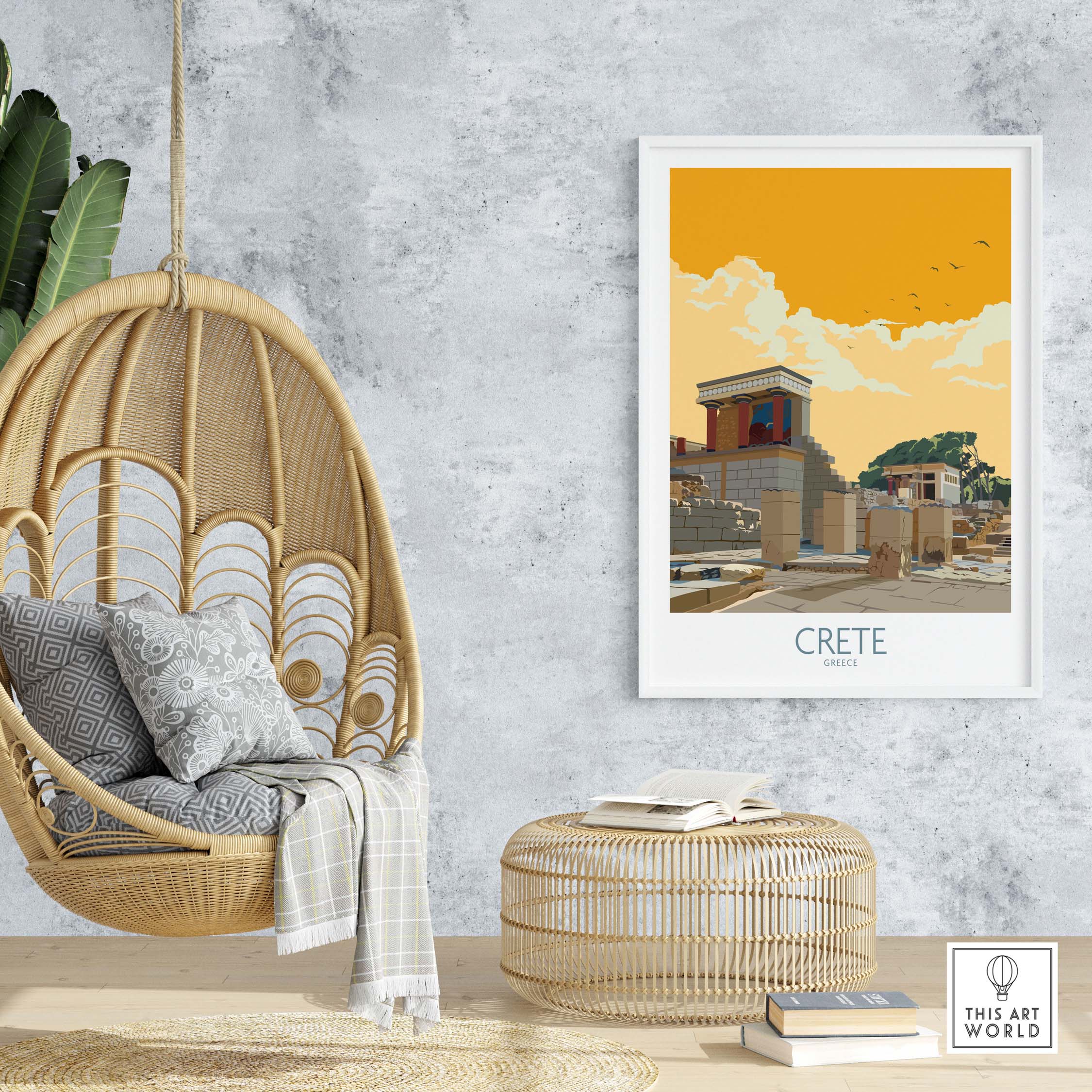 Crete Greece poster displayed in a stylish interior with a hanging chair and woven decor, evoking travel nostalgia.