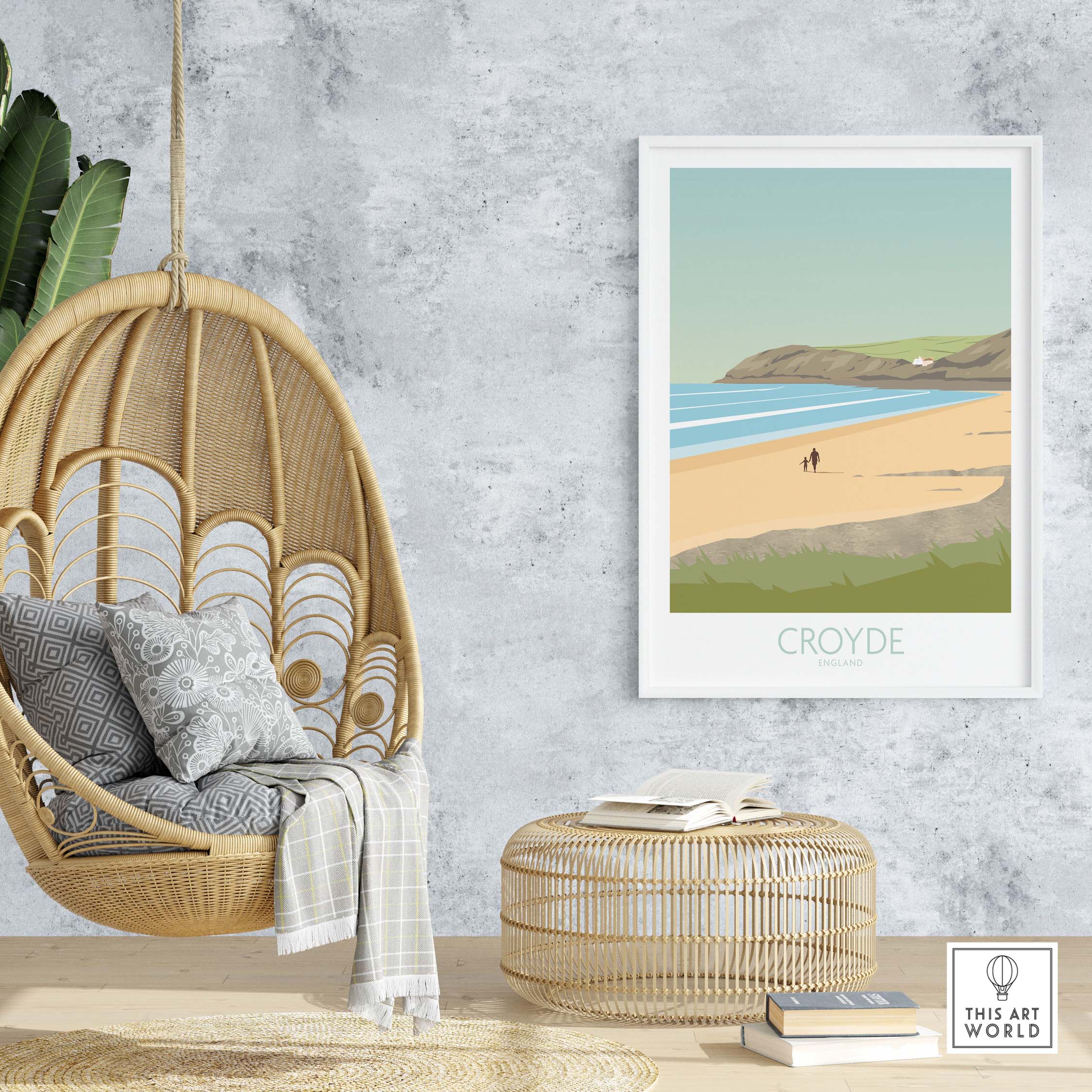 Croyde Beach print on wall above a hanging chair, showcasing stylish home decor inspired by vintage travel.