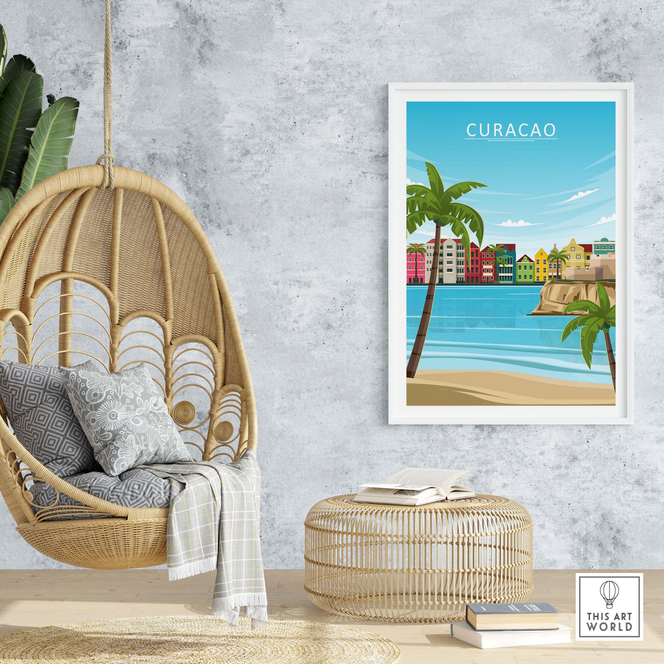 Curacao Poster Print featuring colorful buildings, palm trees, and a serene beach in a stylish indoor setting.