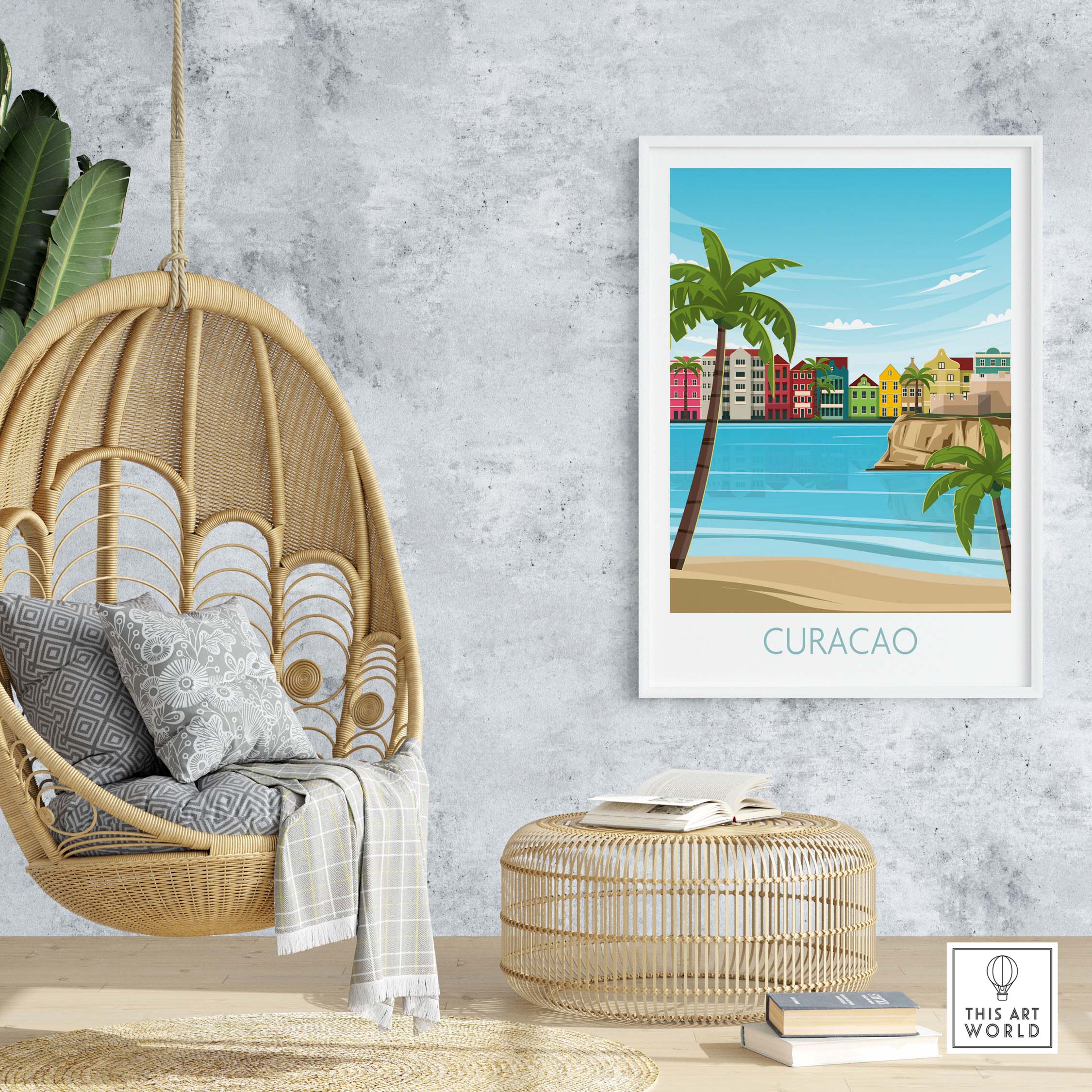 Curacao wall art travel poster showcasing colorful buildings by the beach in a stylish interior setting.