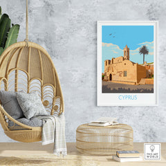 Cyprus poster print featuring a vintage-style illustration of a church, showcased in a modern minimalist interior setting.