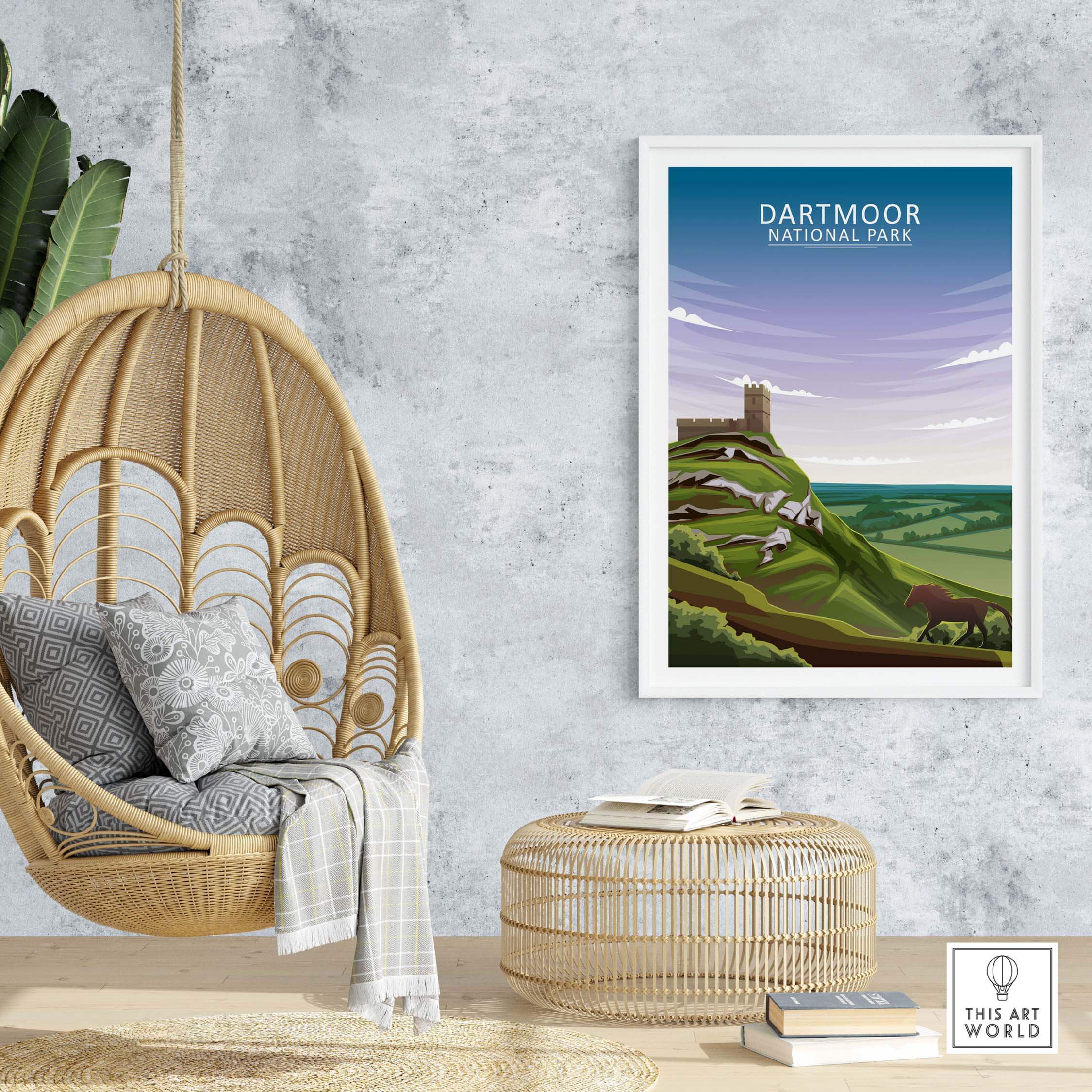 Dartmoor National Park poster in a stylish interior with hanging chair and decor, showcasing nature-inspired artwork.