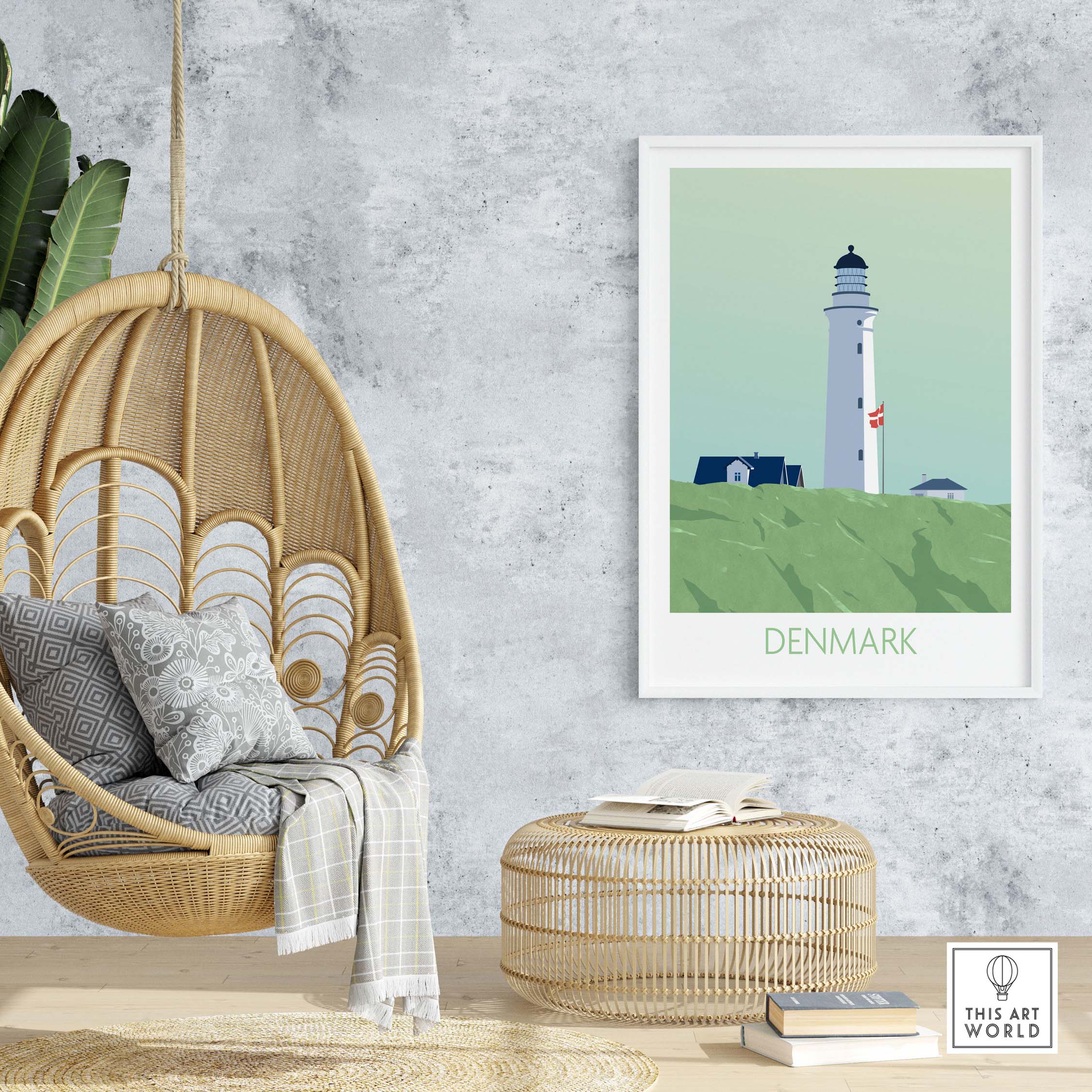 Denmark Poster Print featuring a lighthouse, styled in a cozy interior with a hanging chair and natural decor.