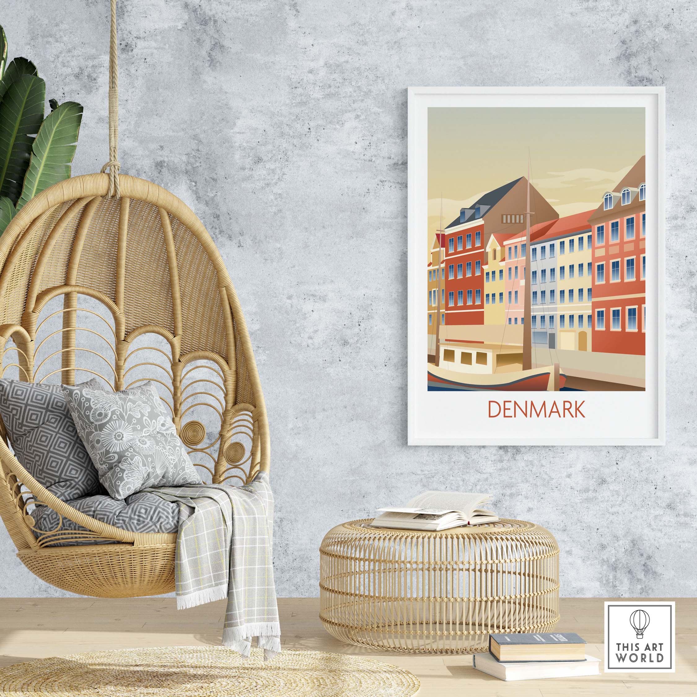 Denmark Poster Art Print displayed in a cozy interior with a hanging chair and decorative elements.