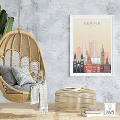 Denver Skyline Print featuring iconic architecture in pastel tones, perfect for stylish home or office decor.