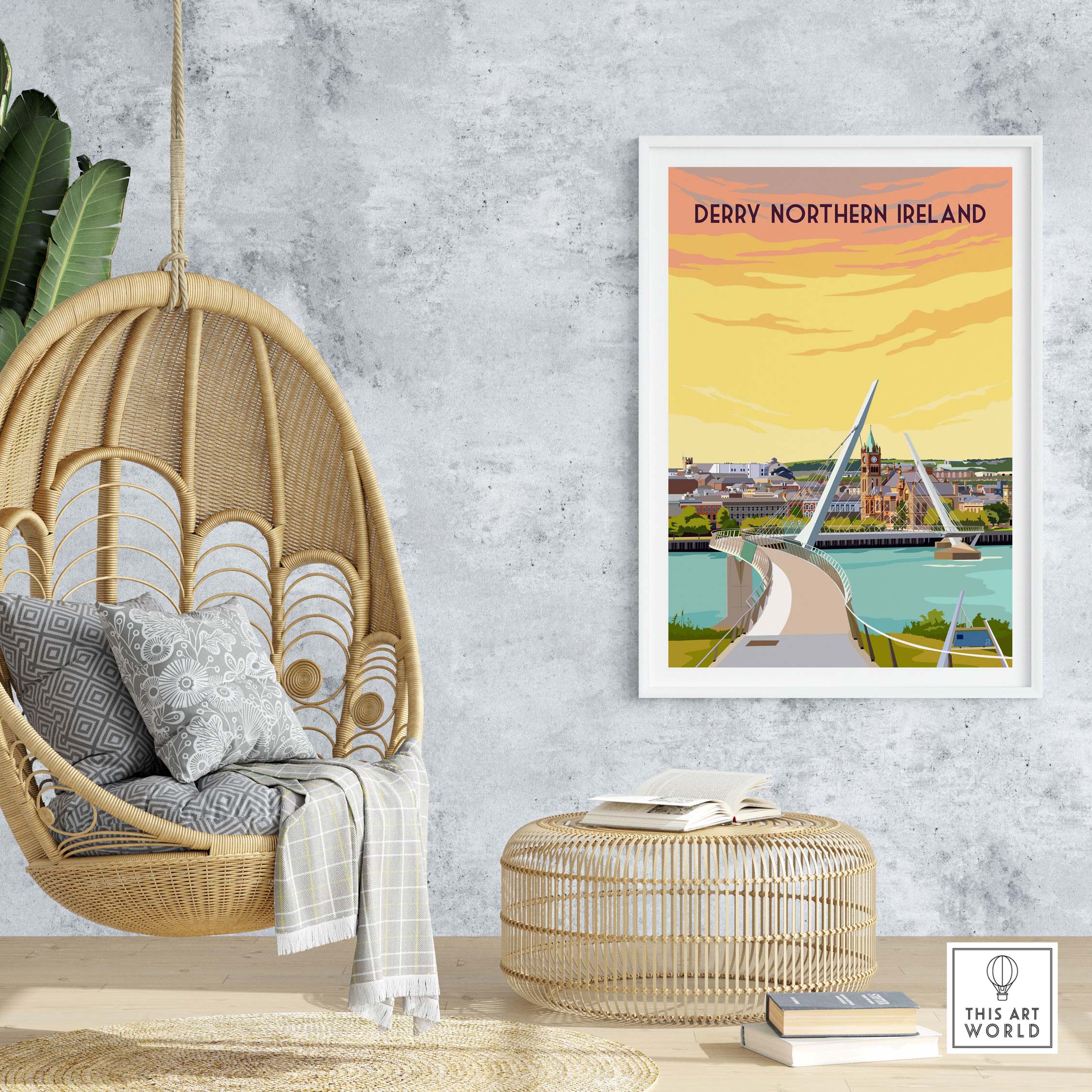 Vintage Derry Print Poster Wall Art featuring the Peace Bridge, ideal for stylish home decor.