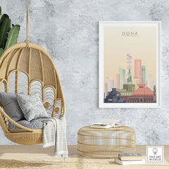 Doha city skyline print wall art in pastel tones displayed in a stylish interior with hanging chair and decor.