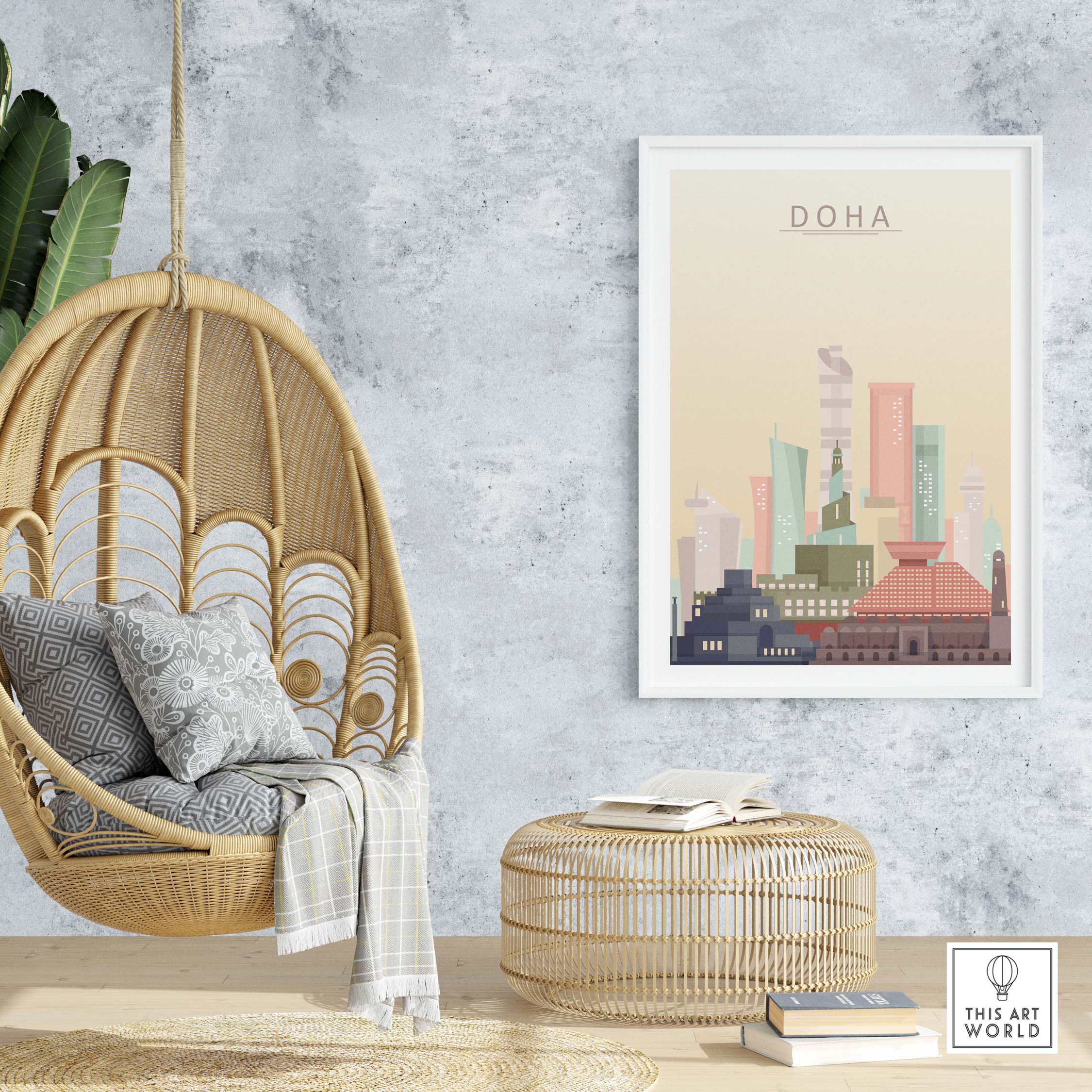 Doha city skyline print wall art in pastel tones displayed in a stylish interior with hanging chair and decor.