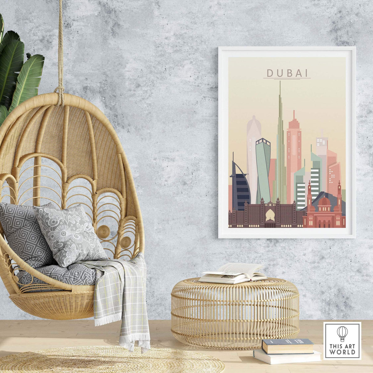 Dubai city skyline wall art print in warm pastel tones displayed in a stylish interior setting.